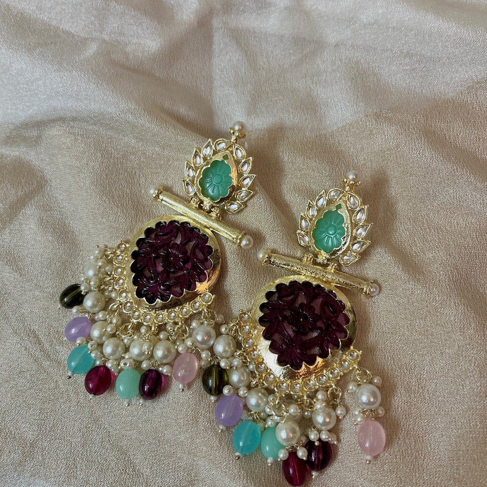 Gold-Plated Floral Earrings with Colorful Beads and Pearls - Indian